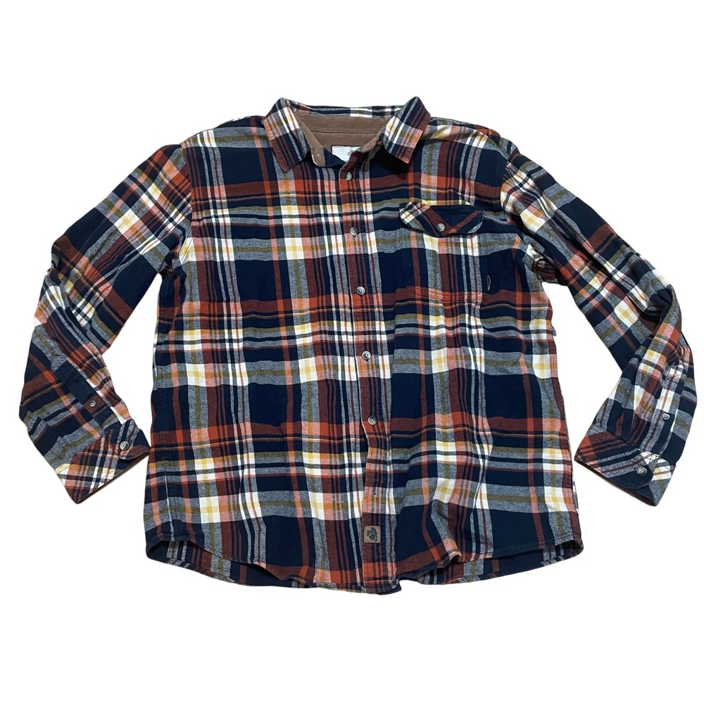 Legendary Whitetails Mens XL Plaid Flannel Shirt Navy Orange‎ Cotton Corduroy